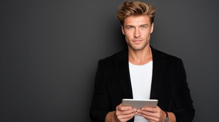 Poster - Man in black jacket engages with tablet, a glimpse into modern mobile technology