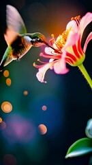Wall Mural - Delicate hummingbird feeding on nectar from vibrant exotic flower with soft focus light orbs, vibrant colors and smooth gradients