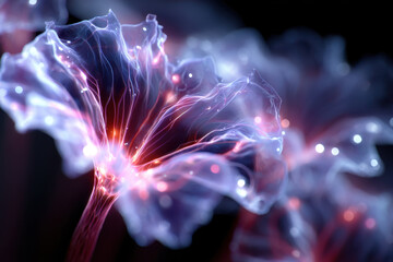 Poster - Digital art featuring vibrant glowing flowers in a dark environment
