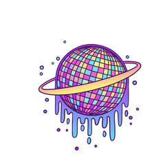 Wall Mural - Vector art melting disco-ball planet is rotating on transparent BG with grid ring drips sparkles