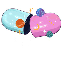 Wall Mural - Open pill capsule is revealing cosmos with planet rings, stars, transparent background, flat design