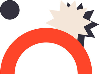 Poster - Flat design is featuring red semicircle, gray circle and cream-gray starbursts on transparent bg
