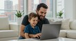 © Cintia - A smiling father sits with his young son, both looking at a laptop with expressions of joy, in a bright, modern living room setting.