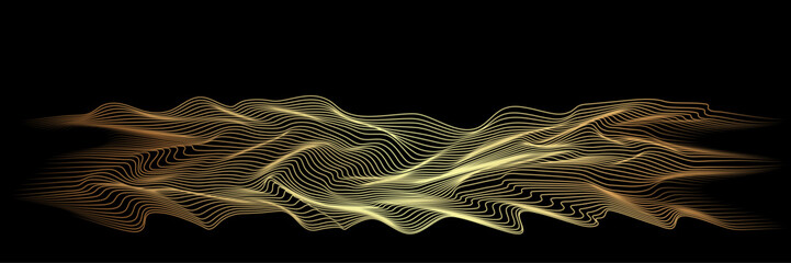 Poster - Abstract art mountain landscape with glowing lines waves pattern isolated on black background with copy space. Vector illustration	
