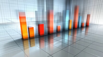 Aufkleber - D bar graph with gradient color bars emerging from a base grid, with subtle shadows and reflections for a polished, modern look