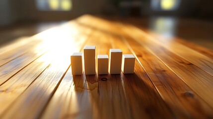 Aufkleber - D vertical bar graph with textured surfaces reflecting light, arranged on a wooden table, evoking a sense of depth and realism in data visualization.