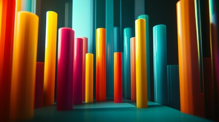 Aufkleber - Abstract D bar graph with multi-colored, stacked segments on each bar, symbolizing layered data insights in a vibrant setting