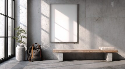 Poster - Modern Isolated White Frame Poster on Grey Wall with Bench