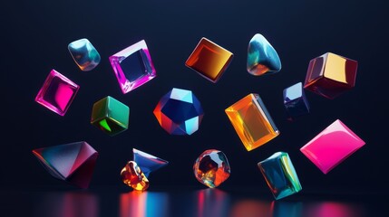 Aufkleber - Abstract D shapes in bright colors and metallic finishes, floating over a dark, glossy background, with reflections and shadows adding depth