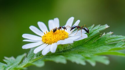 Aufkleber - Ants interacting with a delicate flower on a leaf, highlighting the symbiotic relationship between insects and plants in a natural setting