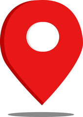Poster - Flat red location pin icon with white circle is floating over grey shadow on transparent canvas
