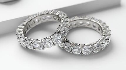 Poster - An elegant set of diamond hoop earrings, reflecting light in a dazzling display, positioned on a smooth white surface for a clean and modern look.