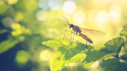 Poster - An insect perched on a bright green leaf, with sunlight filtering through the foliage, creating a soft, ethereal atmosphere in the garden