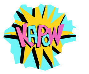 Poster - Showing multicolored pop art starburst with jagged rays and 3D KAPOW text on transparent background