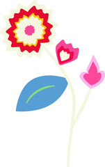 Poster - Showing flat vector floral with jagged cream-red flower, pink buds, blue leaf, transparent backdrop