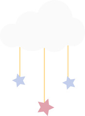 Poster - Minimalist cloud design is showing pastel stars hanging on gold rods over transparent background