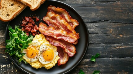 Poster - An overhead view of a breakfast plate featuring perfectly cooked bacon alongside scrambled eggs and toast, evoking a sense of hearty morning comfort