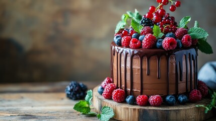 Poster - A beautifully decorated chocolate cake with rich ganache, adorned with fresh berries and mint leaves, sitting on a rustic wooden table against a soft background.