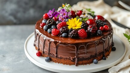 Poster - A beautifully decorated chocolate cake with rich ganache, fresh berries, and edible flowers, set on a white plate.