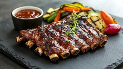 Aufkleber - A beautifully plated dish of pork ribs with a spicy rub, served with a side of grilled vegetables and a tangy dipping sauce, set against a modern dining backdrop.