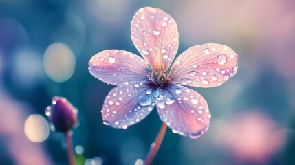 Poster - A beautiful flower with transparent water droplets on its delicate petals, set against a blurred nature background.