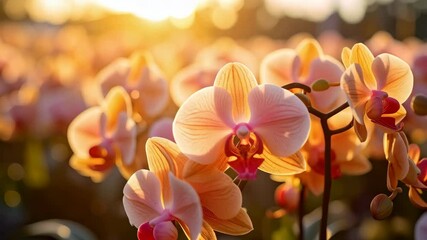 Wall Mural - Close-up of elegant peach and pink orchids blooming in soft, golden sunlight, creating a warm, floral backdrop.