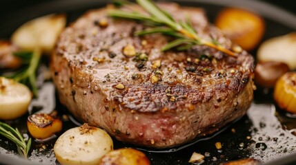 Aufkleber - A close-up of a beef steak resting on a sizzling hot skillet, with herbs and garlic cloves, creating an enticing aroma and showcasing the cooking process.