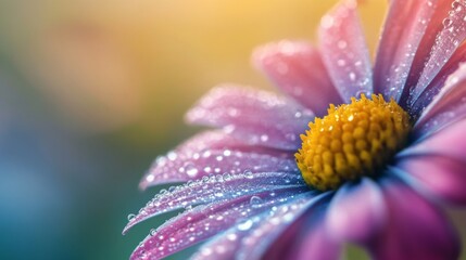 Aufkleber - A close-up of a colorful flower with dew-covered petals, captured with soft focus and a light mist in the background.