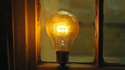 Poster - A close-up of a light bulb glowing softly in a dim room, with the filament clearly visible and the warm light casting a gentle glow around