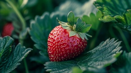 Poster - A close-up of a single ripe strawberry nestled among green leaves, emphasizing its vibrant red color and juicy texture against the backdrop of the plant