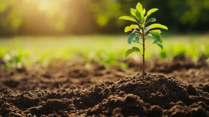 Poster - A close-up of a small tree being planted in a rural field, with the roots being covered with soil, emphasizing environmental conservation and reforestation efforts.