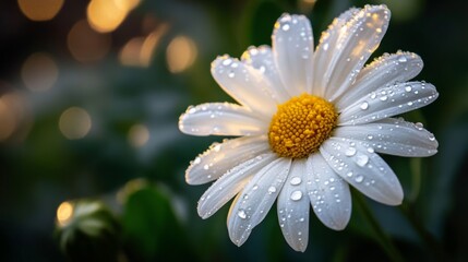 Poster - A close-up of a white daisy with dew drops resting on its petals, with soft light filtering through the background leaves.