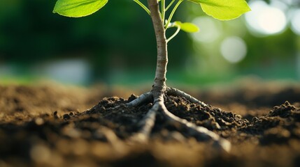 Poster - A close-up of a young tree's roots taking hold in the earth, highlighting its stability and connection to the soil.