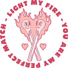 Poster - Cartoon matches are crossing in 2D flat, forming fire heart bold curved text transparent background