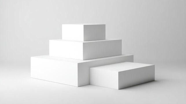 A tiered, white, cubic display structure, minimalist and clean, set against a plain white background