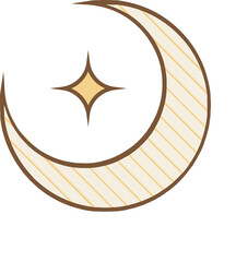 Poster - Flat icon showing striped crescent moon with brown outline, sparkle star, transparent background