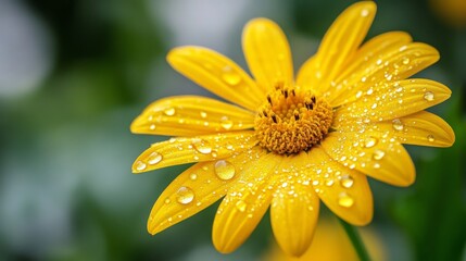 Aufkleber - A close-up shot of a bright yellow flower with water droplets scattered across its petals, set against a soft, blurred background.