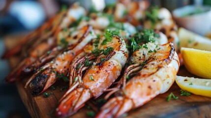 Poster - A close-up shot of large grilled shrimp beautifully arranged on a wooden platter, garnished with fresh herbs and lemon wedges, showcasing a mouthwatering seafood dish.