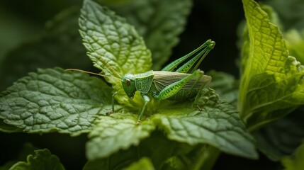 Poster - A close-up view of a leaf with a small grasshopper blending into its surroundings, showcasing its natural camouflage in a lush environment