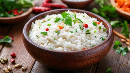 Poster - A cozy breakfast nook with a bowl of hot rice porridge on a wooden table, surrounded by fresh herbs and colorful condiments, creating a warm and inviting atmosphere.