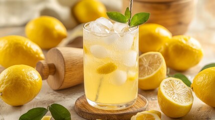 Poster - A creative composition featuring a tall glass of lemonade filled with ice, surrounded by whole lemons and a wooden citrus juicer, emphasizing freshness and flavor.