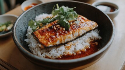 Poster - A crispy fried fish fillet resting on a bed of rice, with fish sauce pooling beside it, showcasing a delicious and comforting meal