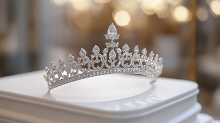 Poster - A dazzling diamond tiara resting on a white platform, perfect for a royalty-inspired scene.
