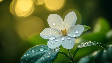 Poster - A delicate white flower with dew drops on its petals, set against a blurred natural background of leaves and greenery.