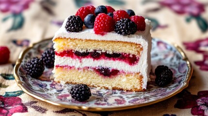 Poster - A delightful sponge cake filled with whipped cream and berries, sliced to reveal the layers, sitting on a floral-patterned tablecloth for a charming presentation.