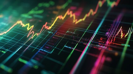 Poster - A detailed close-up of a colorful financial graph with upward trends and vibrant lines on a digital display, set against a sleek black background.