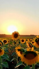 Wall Mural - Radiant sunflowers bloom in a vast agricultural field during the warm glow of a golden summer sunset, creating a picturesque vista.