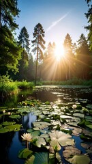 Wall Mural - Serene pond with floating water lilies reflecting golden sun rays and trees in lush greenery at twilight