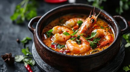 Aufkleber - A dramatic image of hot shrimp tom yum served in a clay pot, with fresh herbs and spices surrounding it, emphasizing the dishs aromatic and flavorful nature