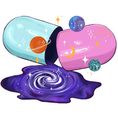 Wall Mural - Flat capsule is releasing galaxy swirl with ringed planets, moon and stars on transparent backdrop